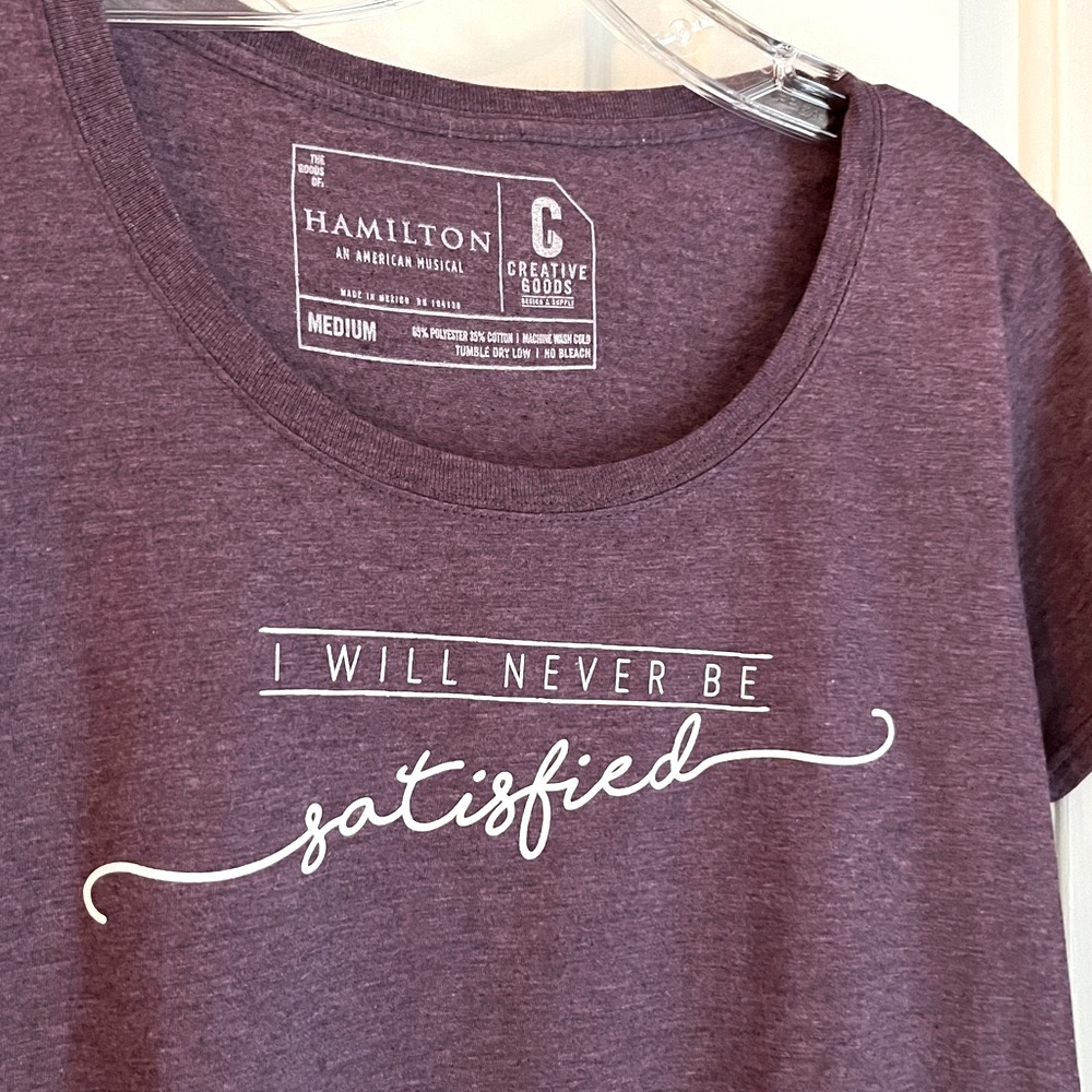 Hamilton I Will Never Be Satisfied Tee Shirt Light Heather Purple Size M - Picture 2 of 9